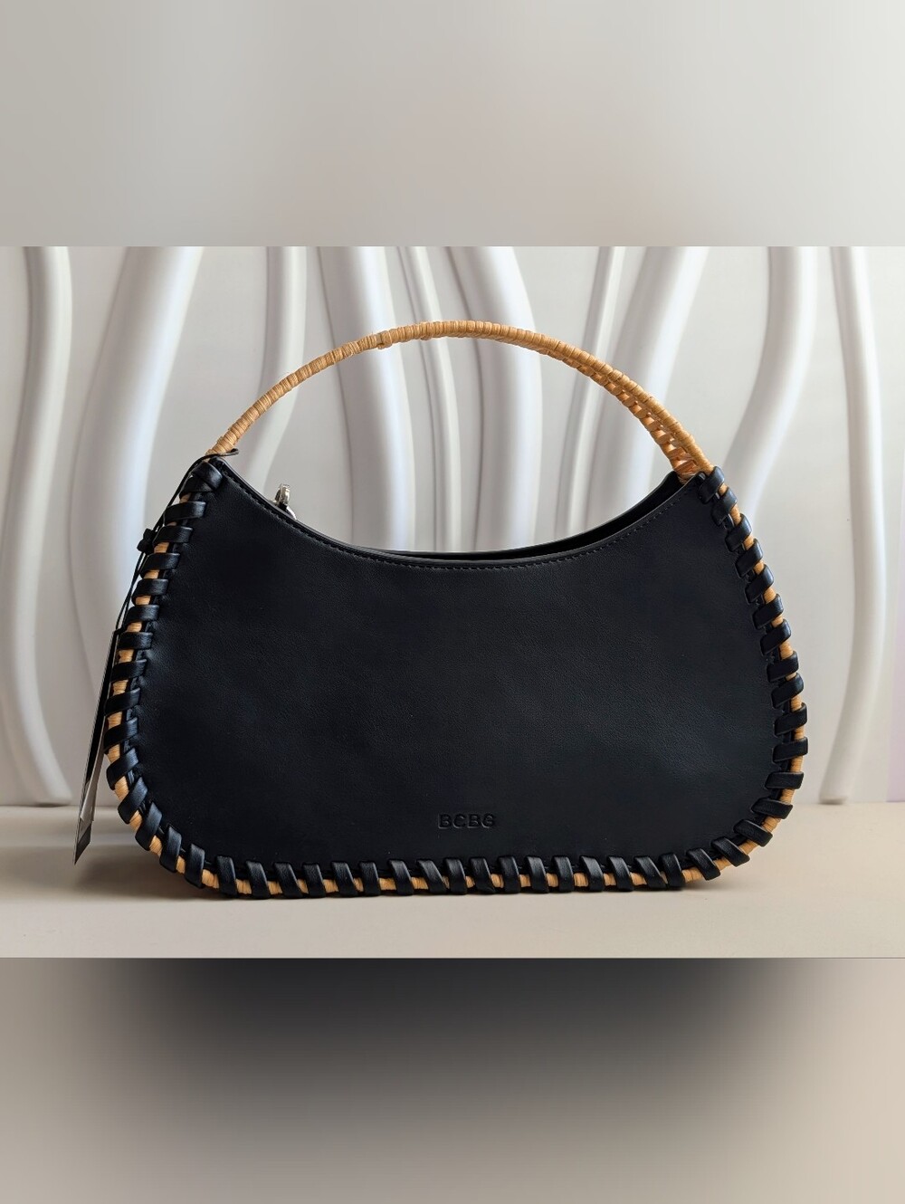 NWT BCBG Wicker Whipstitch Tote Bag Black Rattan Crossbody $198